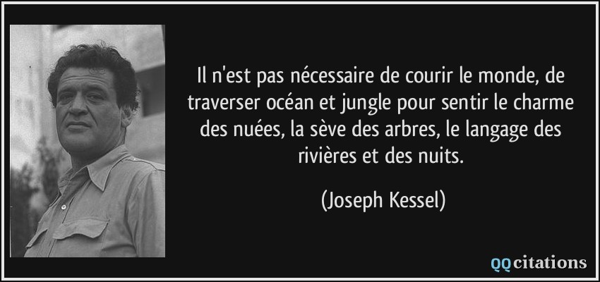 Il n'est pas nécessaire de courir le monde, de traverser océan et jungle pour sentir le charme des nuées, la sève des arbres, le langage des rivières et des nuits.  - Joseph Kessel