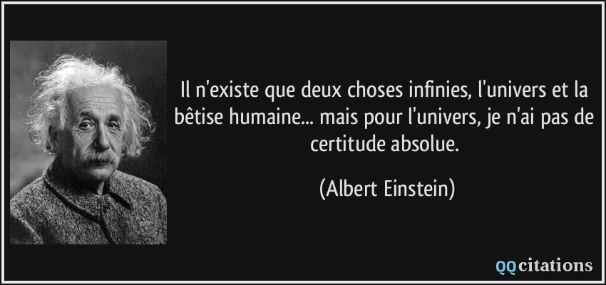 Il n'existe que deux choses infinies, l'univers et la bêtise humaine... mais pour l'univers, je n'ai pas de certitude absolue.  - Albert Einstein