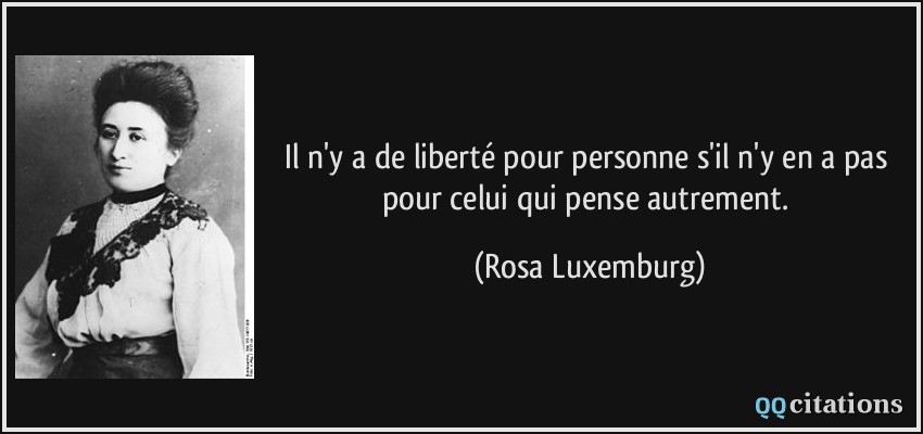 Il n'y a de liberté pour personne s'il n'y en a pas pour celui qui pense autrement.  - Rosa Luxemburg