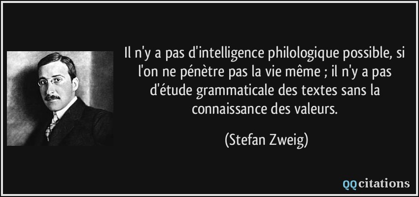 Il n'y a pas d'intelligence philologique possible, si l'on ne pénètre pas la vie même ; il n'y a pas d'étude grammaticale des textes sans la connaissance des valeurs.  - Stefan Zweig