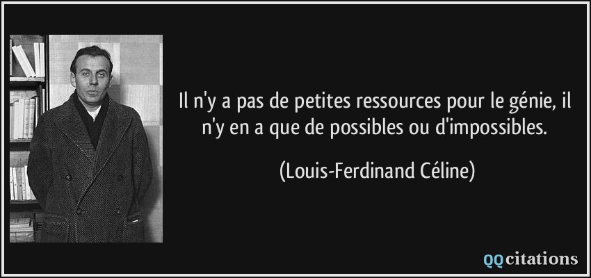 Il n'y a pas de petites ressources pour le génie, il n'y en a que de possibles ou d'impossibles.  - Louis-Ferdinand Céline