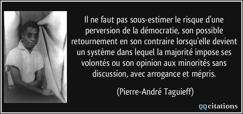 Il ne faut pas sous-estimer le risque d'une perversion de la démocratie, son possible retournement en son contraire lorsqu'elle devient un système dans lequel la majorité impose ses volontés ou son opinion aux minorités sans discussion, avec arrogance et mépris.  - Pierre-André Taguieff