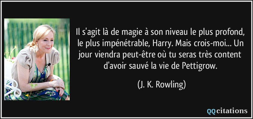 Il s'agit là de magie à son niveau le plus profond, le plus impénétrable, Harry. Mais crois-moi... Un jour viendra peut-être où tu seras très content d'avoir sauvé la vie de Pettigrow.  - J. K. Rowling