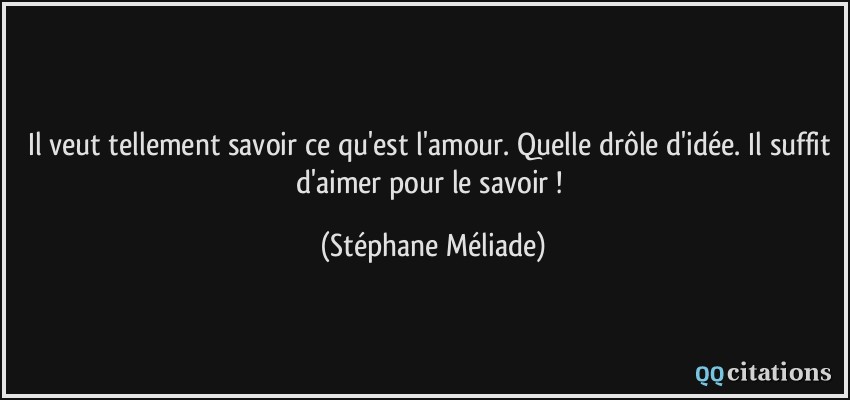 Il veut tellement savoir ce qu'est l'amour. Quelle drôle d'idée. Il suffit d'aimer pour le savoir !  - Stéphane Méliade