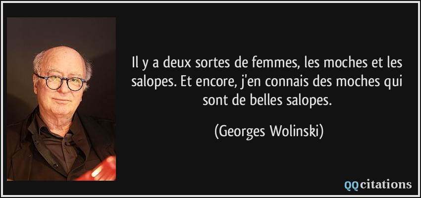 Il y a deux sortes de femmes, les moches et les salopes. Et encore, j'en connais des moches qui sont de belles salopes.  - Georges Wolinski