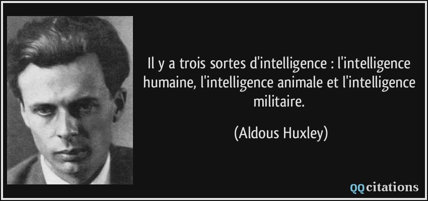 Il y a trois sortes d'intelligence : l'intelligence humaine, l'intelligence animale et l'intelligence militaire.  - Aldous Huxley