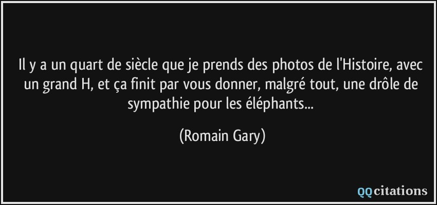 Il y a un quart de siècle que je prends des photos de l'Histoire, avec un grand H, et ça finit par vous donner, malgré tout, une drôle de sympathie pour les éléphants...  - Romain Gary