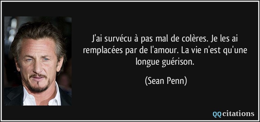 J'ai survécu à pas mal de colères. Je les ai remplacées par de l'amour. La vie n'est qu'une longue guérison.  - Sean Penn