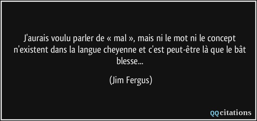 J'aurais voulu parler de « mal », mais ni le mot ni le concept n'existent dans la langue cheyenne et c'est peut-être là que le bât blesse...  - Jim Fergus