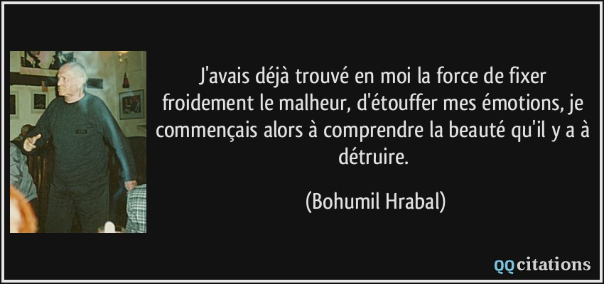 J'avais déjà trouvé en moi la force de fixer froidement le malheur, d'étouffer mes émotions, je commençais alors à comprendre la beauté qu'il y a à détruire.  - Bohumil Hrabal