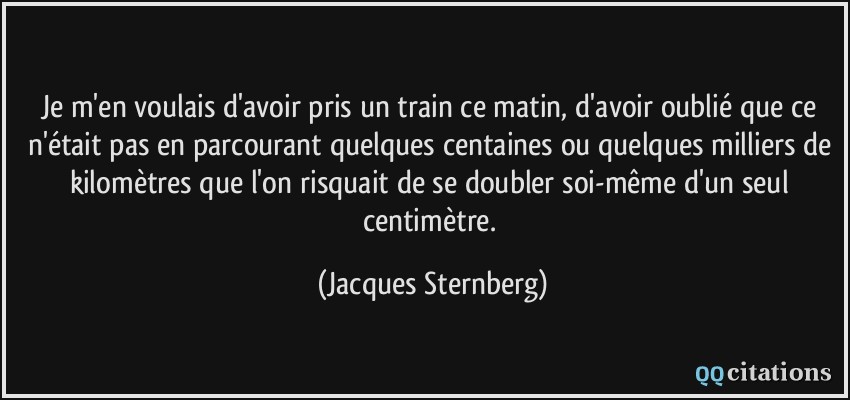 Je m'en voulais d'avoir pris un train ce matin, d'avoir oublié que ce n'était pas en parcourant quelques centaines ou quelques milliers de kilomètres que l'on risquait de se doubler soi-même d'un seul centimètre.  - Jacques Sternberg
