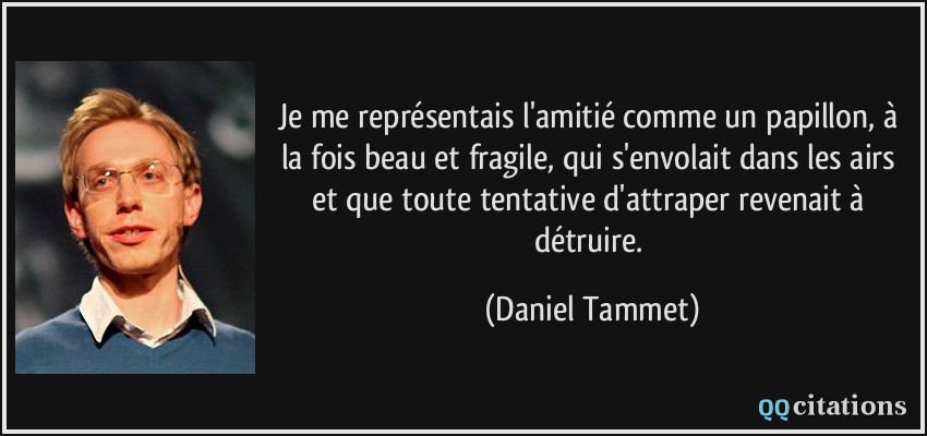 Je me représentais l'amitié comme un papillon, à la fois beau et fragile, qui s'envolait dans les airs et que toute tentative d'attraper revenait à détruire.  - Daniel Tammet