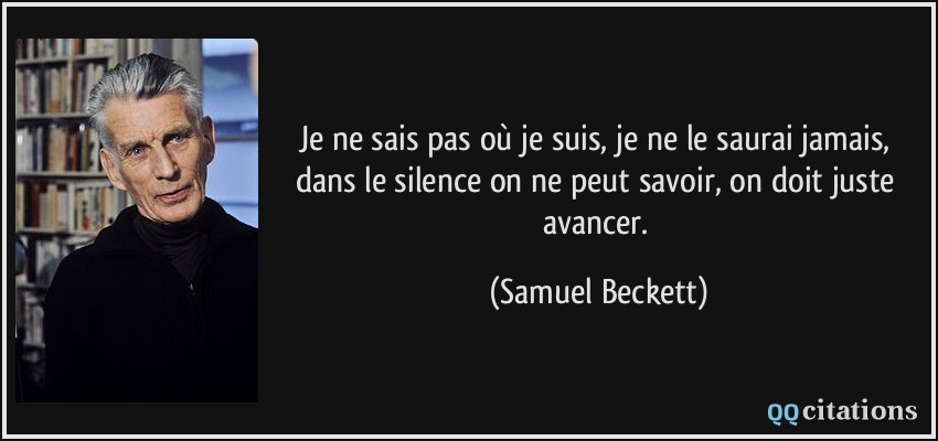 Je ne sais pas où je suis, je ne le saurai jamais, dans le silence on ne peut savoir, on doit juste avancer.  - Samuel Beckett