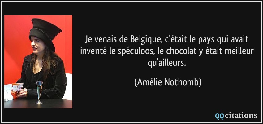 Je venais de Belgique, c'était le pays qui avait inventé le spéculoos, le chocolat y était meilleur qu'ailleurs.  - Amélie Nothomb