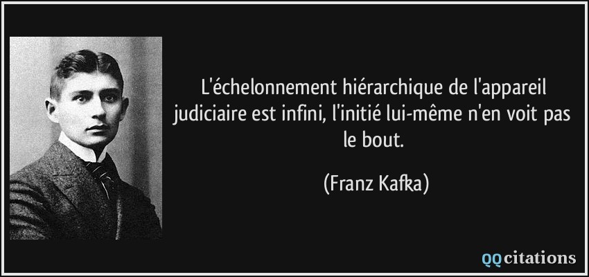 L'échelonnement hiérarchique de l'appareil judiciaire est infini, l'initié lui-même n'en voit pas le bout.  - Franz Kafka