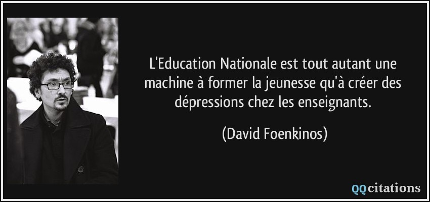 L'Education Nationale est tout autant une machine à former la jeunesse qu'à créer des dépressions chez les enseignants.  - David Foenkinos