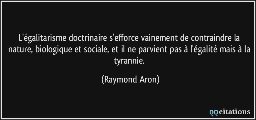 L'égalitarisme doctrinaire s'efforce vainement de contraindre la nature, biologique et sociale, et il ne parvient pas à l'égalité mais à la tyrannie.  - Raymond Aron
