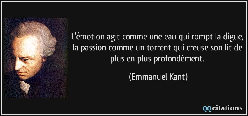 L'émotion agit comme une eau qui rompt la digue, la passion comme un torrent qui creuse son lit de plus en plus profondément.  - Emmanuel Kant