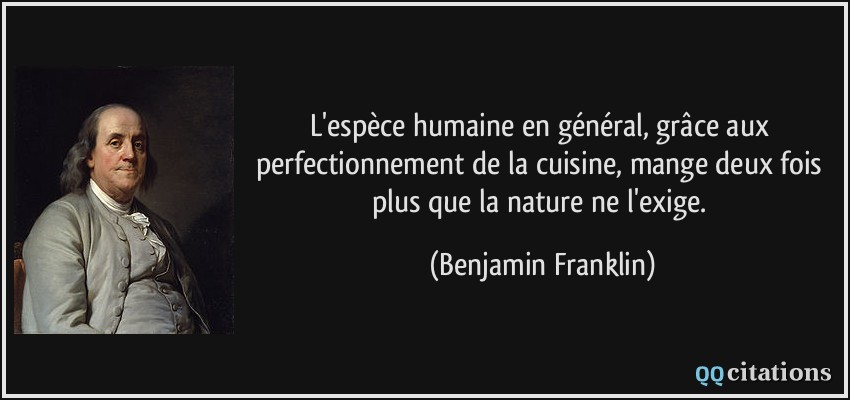 L'espèce humaine en général, grâce aux perfectionnement de la cuisine, mange deux fois plus que la nature ne l'exige.  - Benjamin Franklin