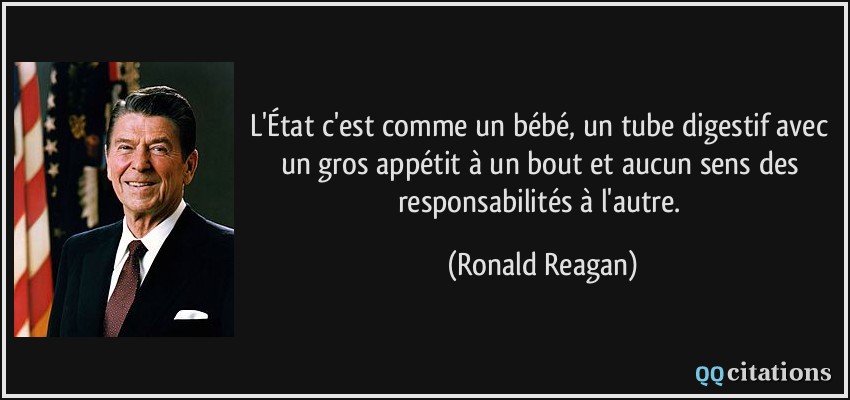 L'État c'est comme un bébé, un tube digestif avec un gros appétit à un bout et aucun sens des responsabilités à l'autre.  - Ronald Reagan