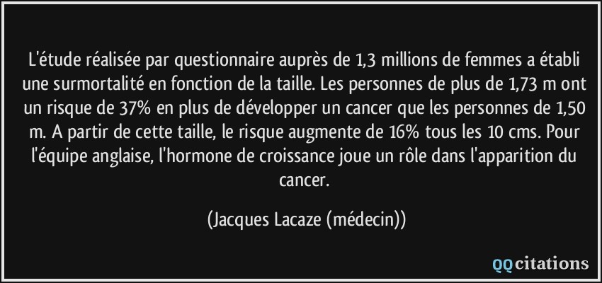 L'étude réalisée par questionnaire auprès de 1,3 millions de femmes a établi une surmortalité en fonction de la taille. Les personnes de plus de 1,73 m ont un risque de 37% en plus de développer un cancer que les personnes de 1,50 m. A partir de cette taille, le risque augmente de 16% tous les 10 cms. Pour l'équipe anglaise, l'hormone de croissance joue un rôle dans l'apparition du cancer.  - Jacques Lacaze (médecin)