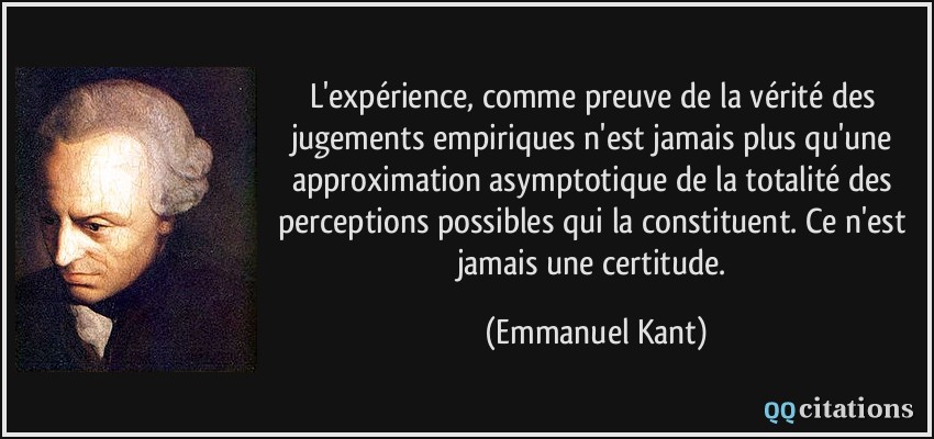 L'expérience, comme preuve de la vérité des jugements empiriques n'est jamais plus qu'une approximation asymptotique de la totalité des perceptions possibles qui la constituent. Ce n'est jamais une certitude.  - Emmanuel Kant