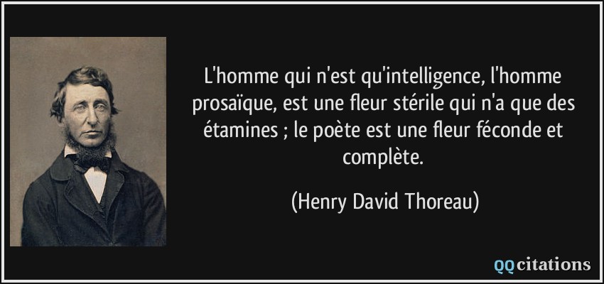 L'homme qui n'est qu'intelligence, l'homme prosaïque, est une fleur stérile qui n'a que des étamines ; le poète est une fleur féconde et complète.  - Henry David Thoreau