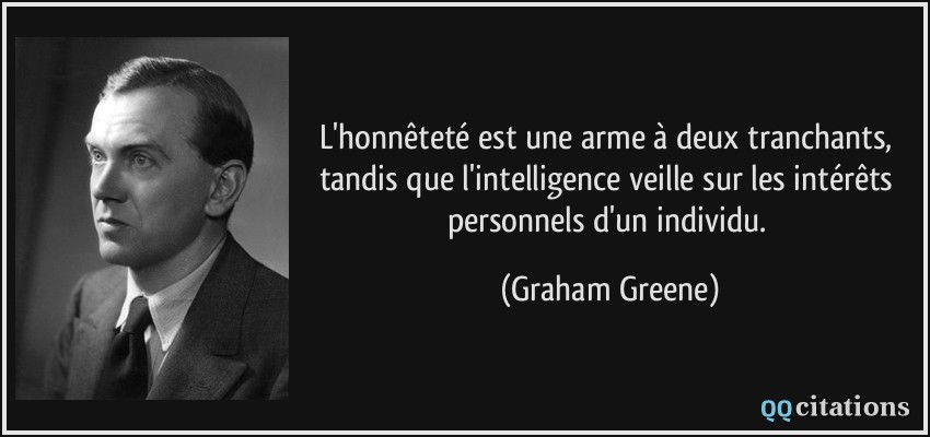 L'honnêteté est une arme à deux tranchants, tandis que l'intelligence veille sur les intérêts personnels d'un individu.  - Graham Greene