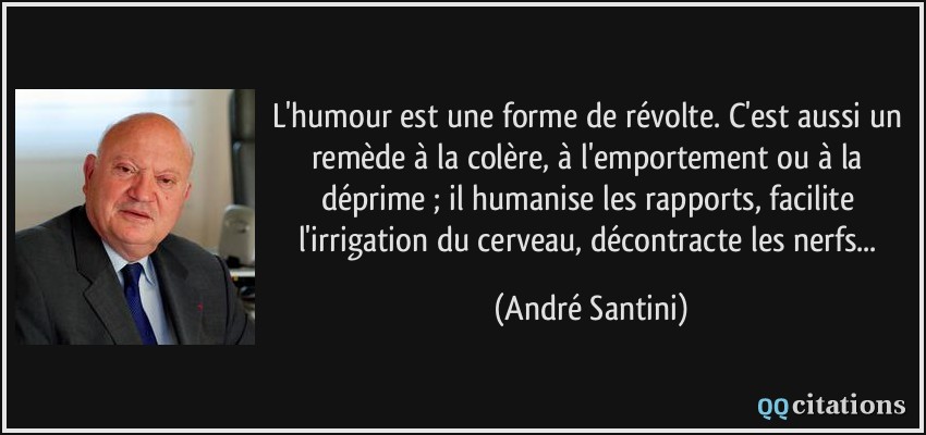 L'humour est une forme de révolte. C'est aussi un remède à la colère, à l'emportement ou à la déprime ; il humanise les rapports, facilite l'irrigation du cerveau, décontracte les nerfs...  - André Santini