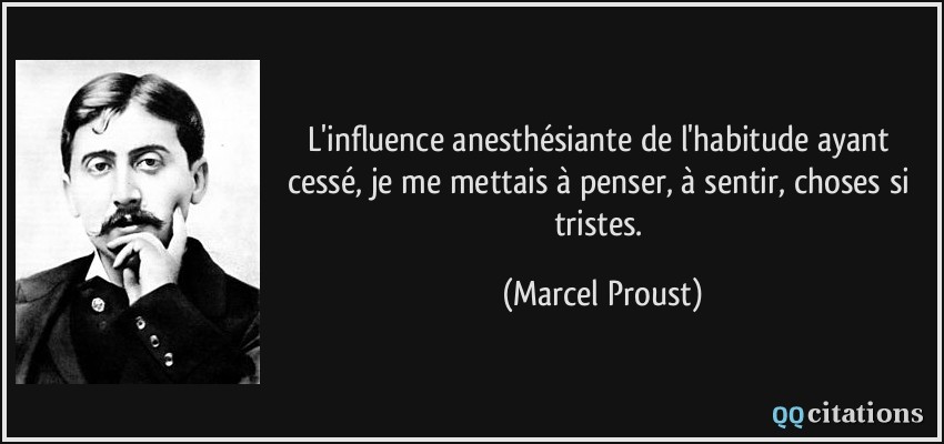 L'influence anesthésiante de l'habitude ayant cessé, je me mettais à penser, à sentir, choses si tristes.  - Marcel Proust