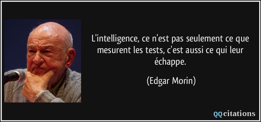 L'intelligence, ce n'est pas seulement ce que mesurent les tests, c'est aussi ce qui leur échappe.  - Edgar Morin
