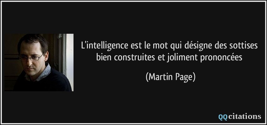 L'intelligence est le mot qui désigne des sottises bien construites et joliment prononcées  - Martin Page