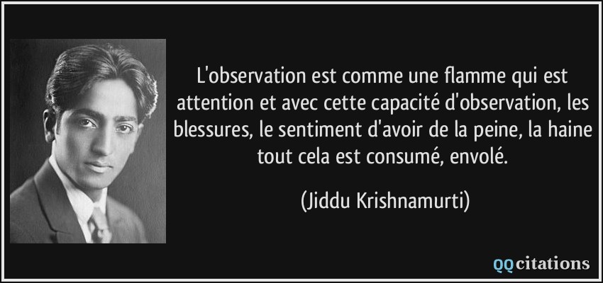 L'observation est comme une flamme qui est attention et avec cette capacité d'observation, les blessures, le sentiment d'avoir de la peine, la haine tout cela est consumé, envolé.  - Jiddu Krishnamurti