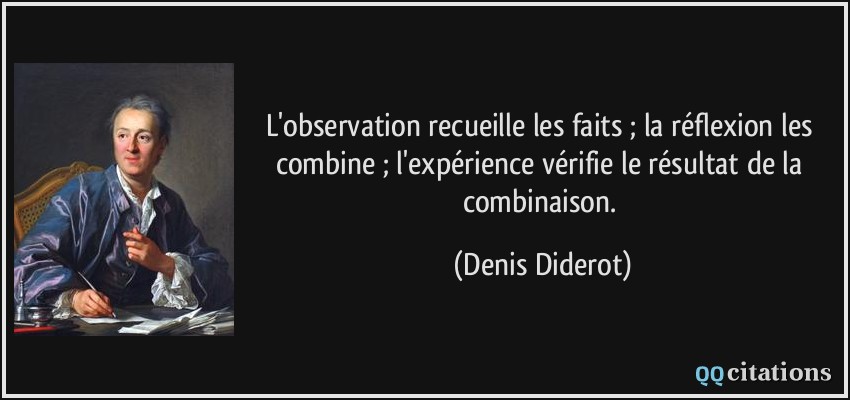 L'observation recueille les faits ; la réflexion les combine ; l'expérience vérifie le résultat de la combinaison.  - Denis Diderot