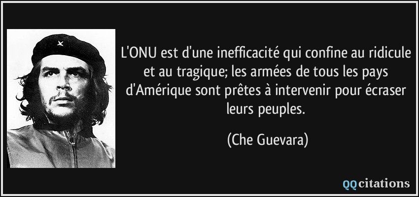 L'ONU est d'une inefficacité qui confine au ridicule et au tragique; les armées de tous les pays d'Amérique sont prêtes à intervenir pour écraser leurs peuples.  - Che Guevara