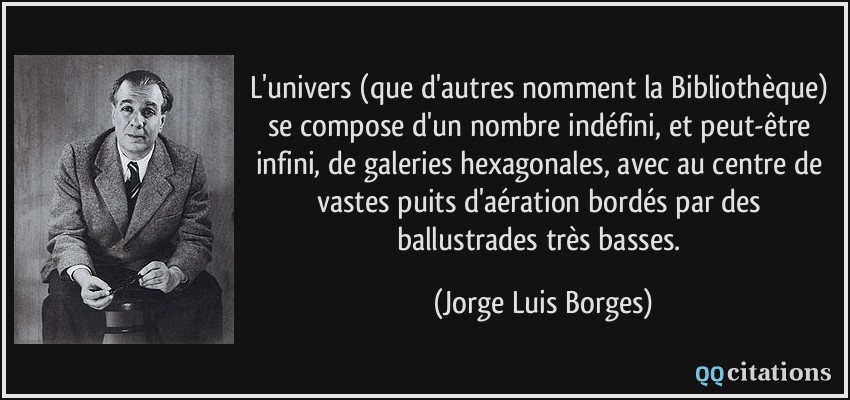 L'univers (que d'autres nomment la Bibliothèque) se compose d'un nombre indéfini, et peut-être infini, de galeries hexagonales, avec au centre de vastes puits d'aération bordés par des ballustrades très basses.  - Jorge Luis Borges