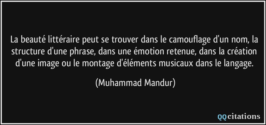 La beauté littéraire peut se trouver dans le camouflage d'un nom, la structure d'une phrase, dans une émotion retenue, dans la création d'une image ou le montage d'éléments musicaux dans le langage.  - Muhammad Mandur