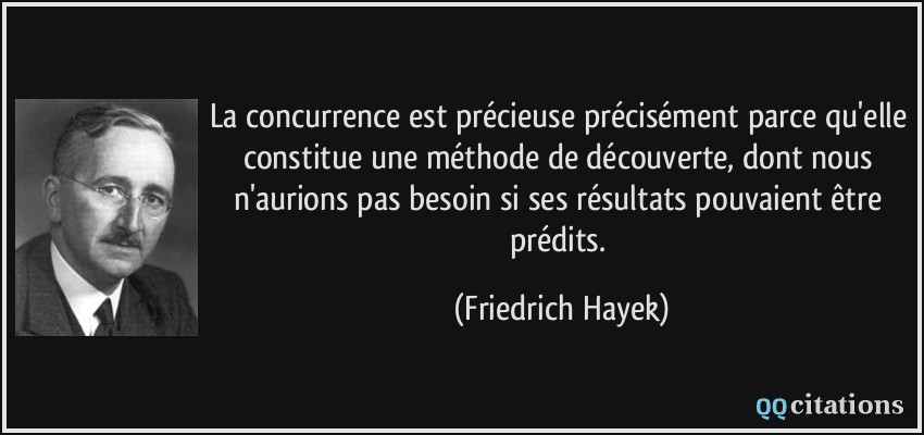 La concurrence est précieuse précisément parce qu'elle constitue une méthode de découverte, dont nous n'aurions pas besoin si ses résultats pouvaient être prédits.  - Friedrich Hayek