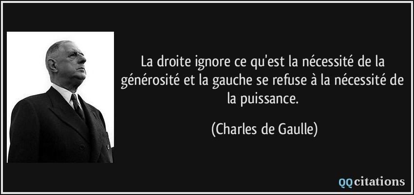 La droite ignore ce qu'est la nécessité de la générosité et la gauche se refuse à la nécessité de la puissance.  - Charles de Gaulle