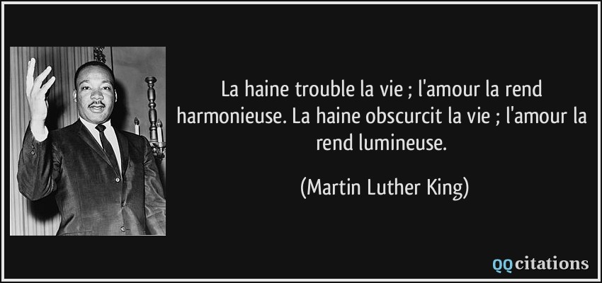 La haine trouble la vie ; l'amour la rend harmonieuse. La haine obscurcit la vie ; l'amour la rend lumineuse.  - Martin Luther King