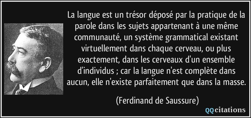 La langue est un trésor déposé par la pratique de la parole dans les sujets appartenant à une même communauté, un système grammatical existant virtuellement dans chaque cerveau, ou plus exactement, dans les cerveaux d'un ensemble d'individus ; car la langue n'est complète dans aucun, elle n'existe parfaitement que dans la masse.  - Ferdinand de Saussure