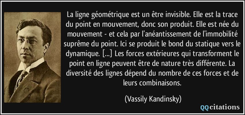 La ligne géométrique est un être invisible. Elle est la trace du point en mouvement, donc son produit. Elle est née du mouvement - et cela par l'anéantissement de l'immobilité suprême du point. Ici se produit le bond du statique vers le dynamique. [...] Les forces extérieures qui transforment le point en ligne peuvent être de nature très différente. La diversité des lignes dépend du nombre de ces forces et de leurs combinaisons.  - Vassily Kandinsky