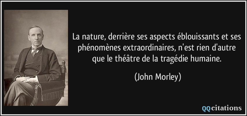 La nature, derrière ses aspects éblouissants et ses phénomènes extraordinaires, n'est rien d'autre que le théâtre de la tragédie humaine.  - John Morley