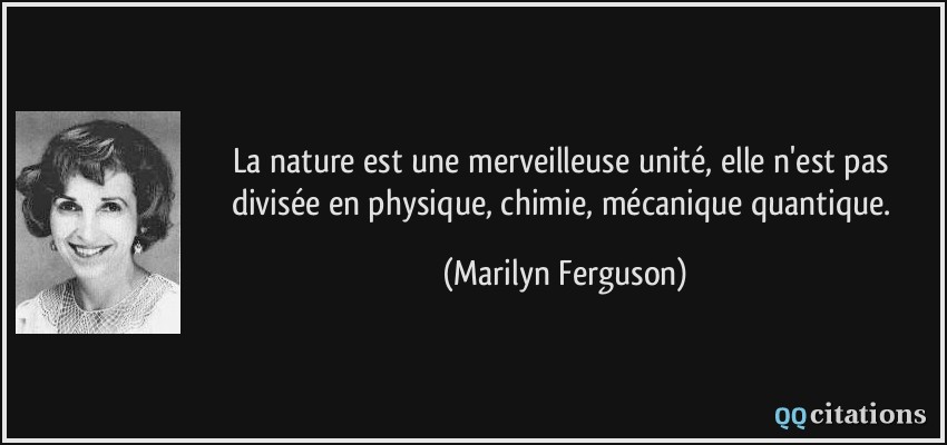 La nature est une merveilleuse unité, elle n'est pas divisée en physique, chimie, mécanique quantique.  - Marilyn Ferguson