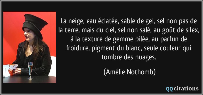 La neige, eau éclatée, sable de gel, sel non pas de la terre, mais du ciel, sel non salé, au goût de silex, à la texture de gemme pilée, au parfun de froidure, pigment du blanc, seule couleur qui tombre des nuages.  - Amélie Nothomb