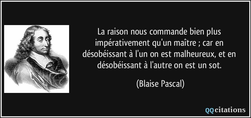 La raison nous commande bien plus impérativement qu'un maître ; car en désobéissant à l'un on est malheureux, et en désobéissant à l'autre on est un sot.  - Blaise Pascal