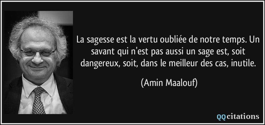 La sagesse est la vertu oubliée de notre temps. Un savant qui n'est pas aussi un sage est, soit dangereux, soit, dans le meilleur des cas, inutile.  - Amin Maalouf