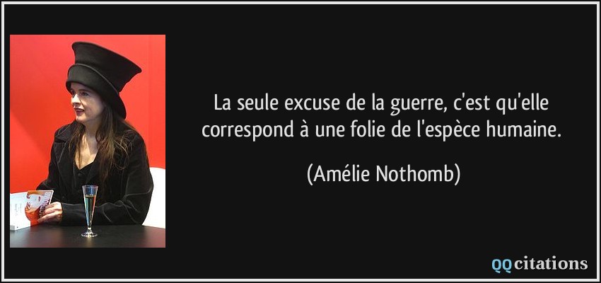 La seule excuse de la guerre, c'est qu'elle correspond à une folie de l'espèce humaine.  - Amélie Nothomb