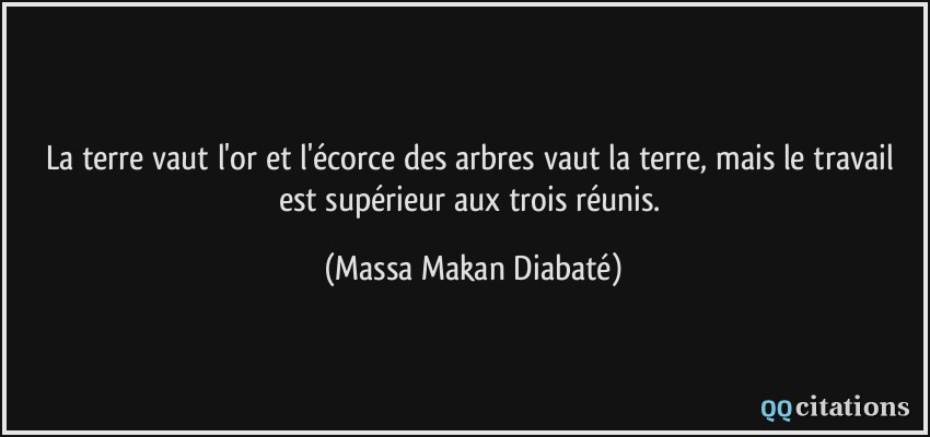 La terre vaut l'or et l'écorce des arbres vaut la terre, mais le travail est supérieur aux trois réunis.  - Massa Makan Diabaté