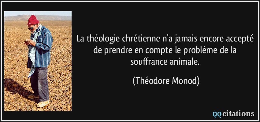 La théologie chrétienne n'a jamais encore accepté de prendre en compte le problème de la souffrance animale.  - Théodore Monod